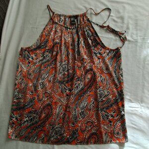 ANN TAYLOR Orange/Multi-Color SILKY Feel PAISLEY Print Self-Tie HALTER Top Sz M